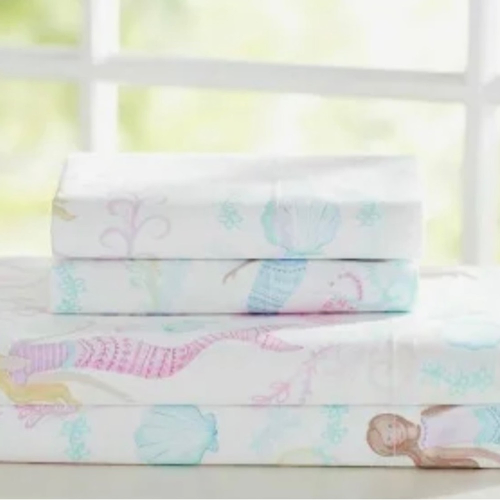 Pottery Barn Kids Bailey Mermaid Full Sheet Set, 4 pieces, aqua, pink and purple